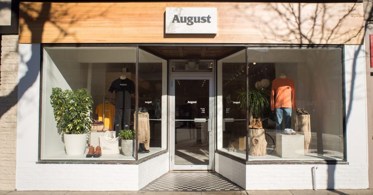 The storefront of August in downtown Madison, featuring inviting window displays and a stylish exterior that reflects the boutique’s curated collection of clothing, accessories, and home goods.