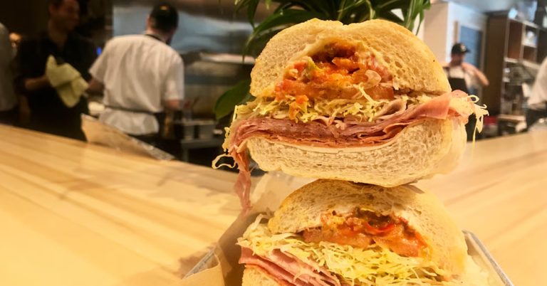 One of Casetta's signature sandwiches at the kitchen counter.