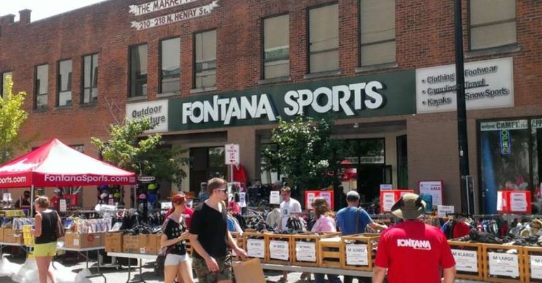 The storefront of Fontana Sports in downtown Madison, featuring an inviting exterior and window displays showcasing outdoor apparel, sporting goods, and gear for hiking, camping, and adventure.