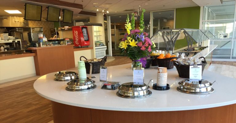 The serving counter, salad bar, and soup serving area at Gooseberry in downtown Madison.