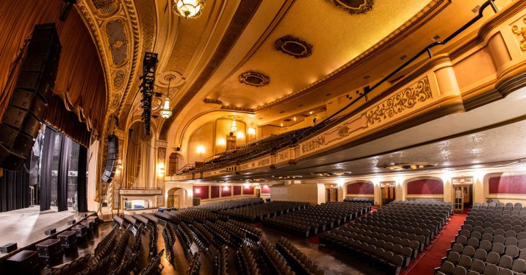 A picture of the stage and audience seating at the historic Orpheum Theatre in downtown Madison.