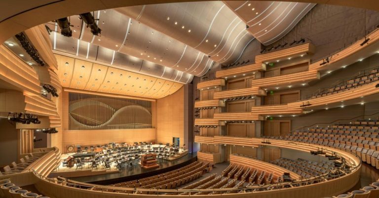 The Capitol Theater at the Overture Center for the Arts showing the stage in symphony set up as well as audience seating.