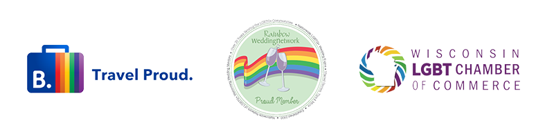 Logos of Booking.com's Travel Proud program, the Rainbow Wedding Network and WI LGBT Chamber of Commerce.